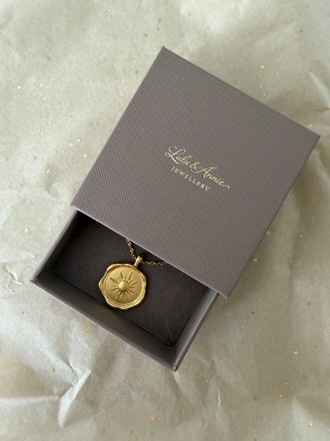 Customer photo review of 18ct Gold Vermeil Sun Wax Seal Coin Medallion Necklace