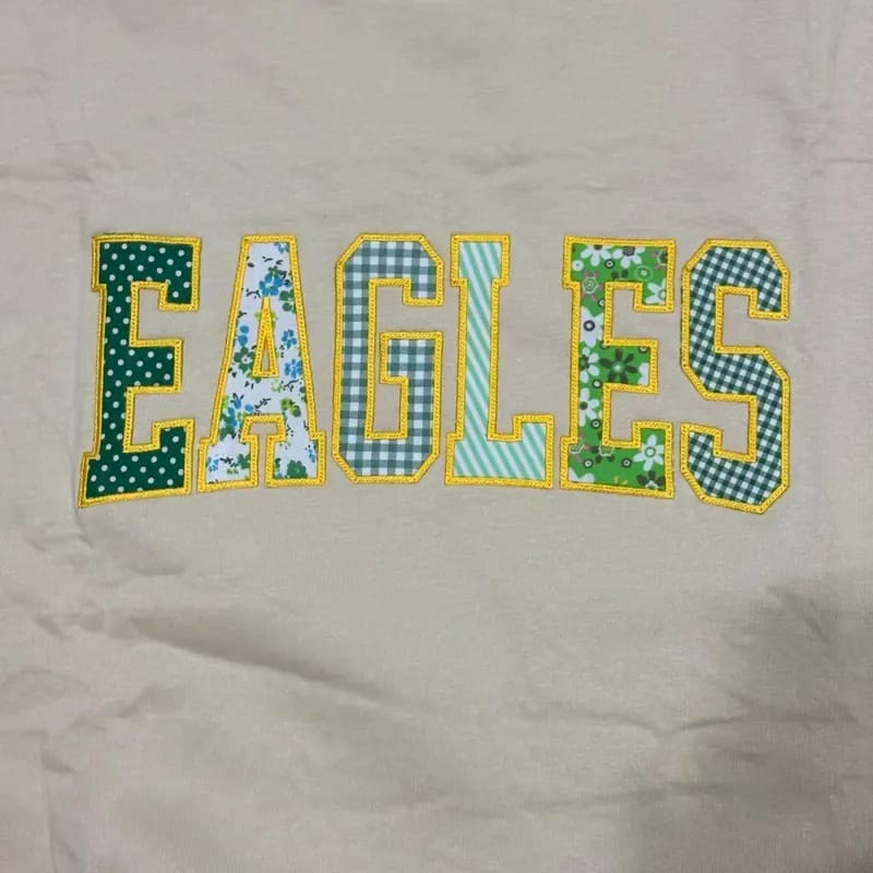 Customer photo review of Custom Patchwork Fabric Embroidered Sweatshirt Team and School Name Applique Varsity Letters