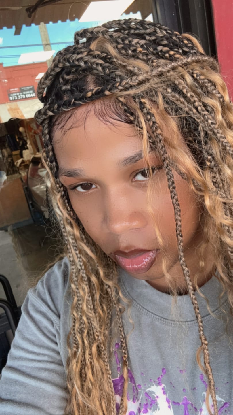 Customer photo review of 36" Human Hair Boho Curls Swiss HD Lace Knotless Box Braided Wig Full Hand-tied - Human Baby Hair