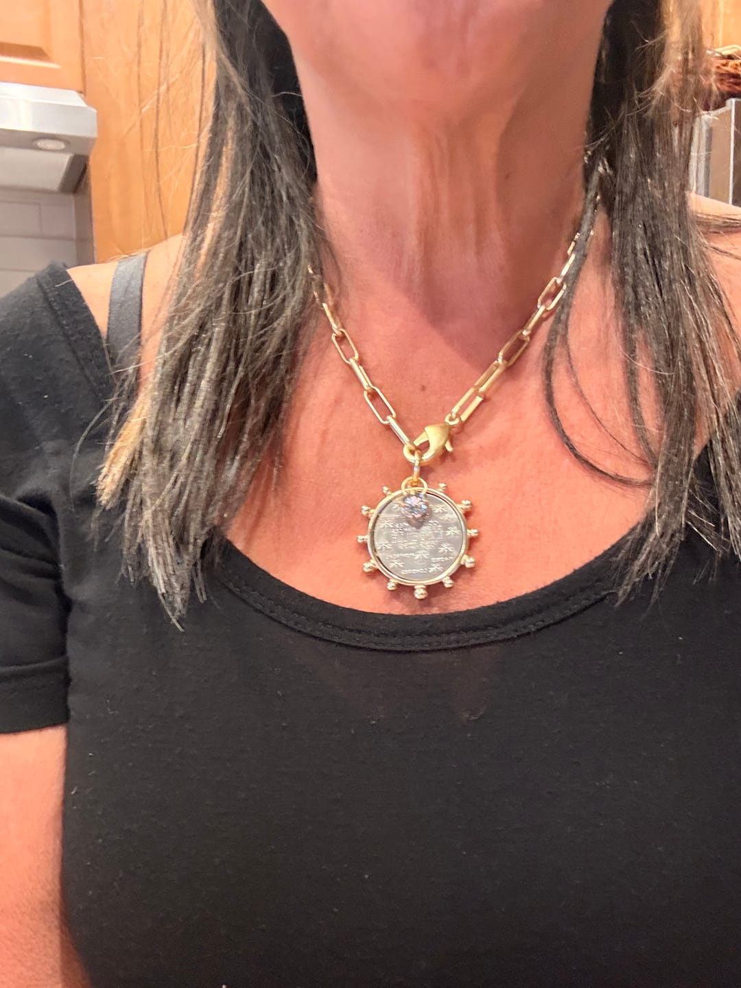 Customer photo review of Matte Gold French Bee Coin Medallion Boutique Jewelry