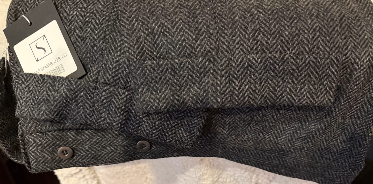 Customer photo review of AMBROSI Napoli Bespoke Dark Gray Herringbone Wool Pleated Dress Pants EU 50 US 34