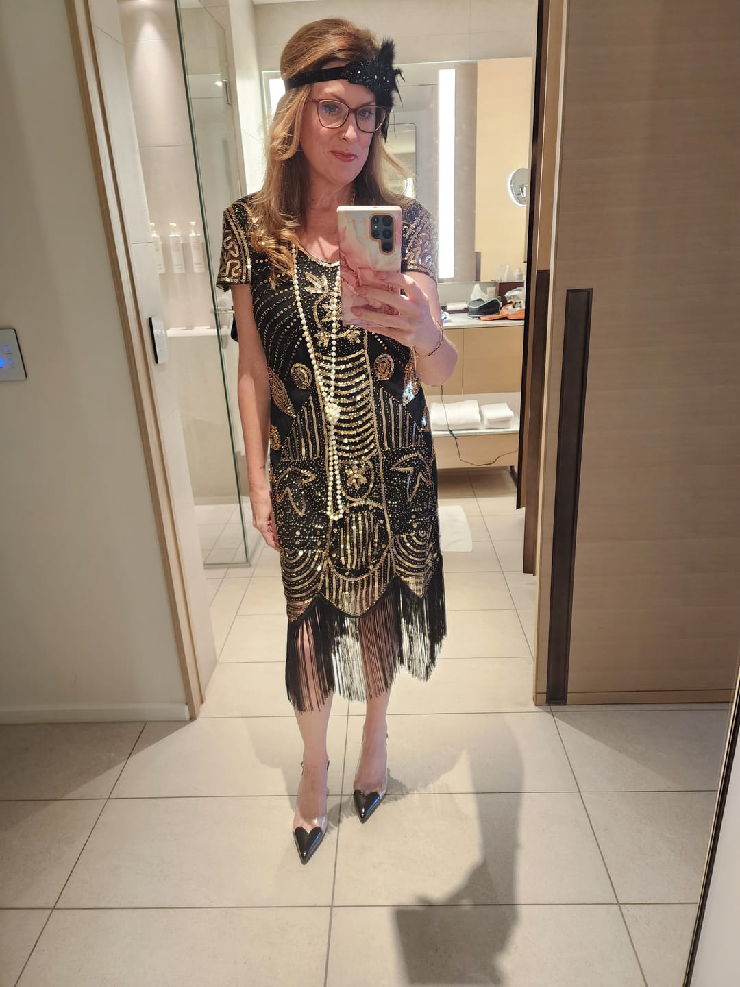 Customer photo review of 1920s Black & Gold Sequin Eva Gatsby Dress