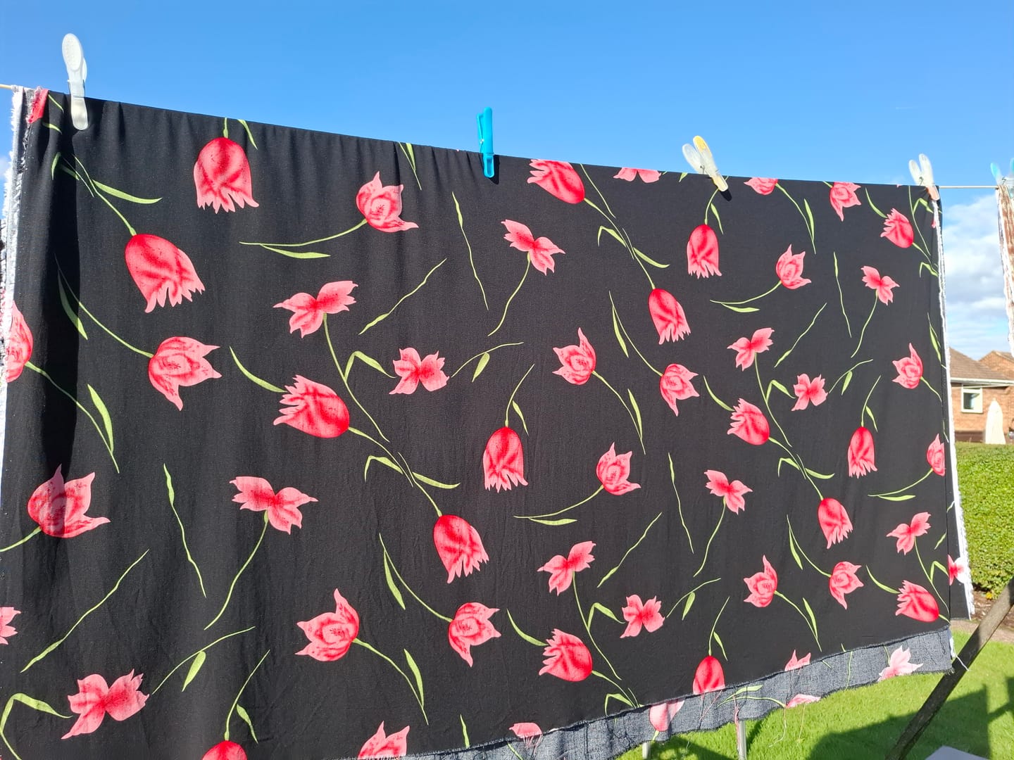 Customer photo review of Red Floral on Navy Viscose Challis Fabric