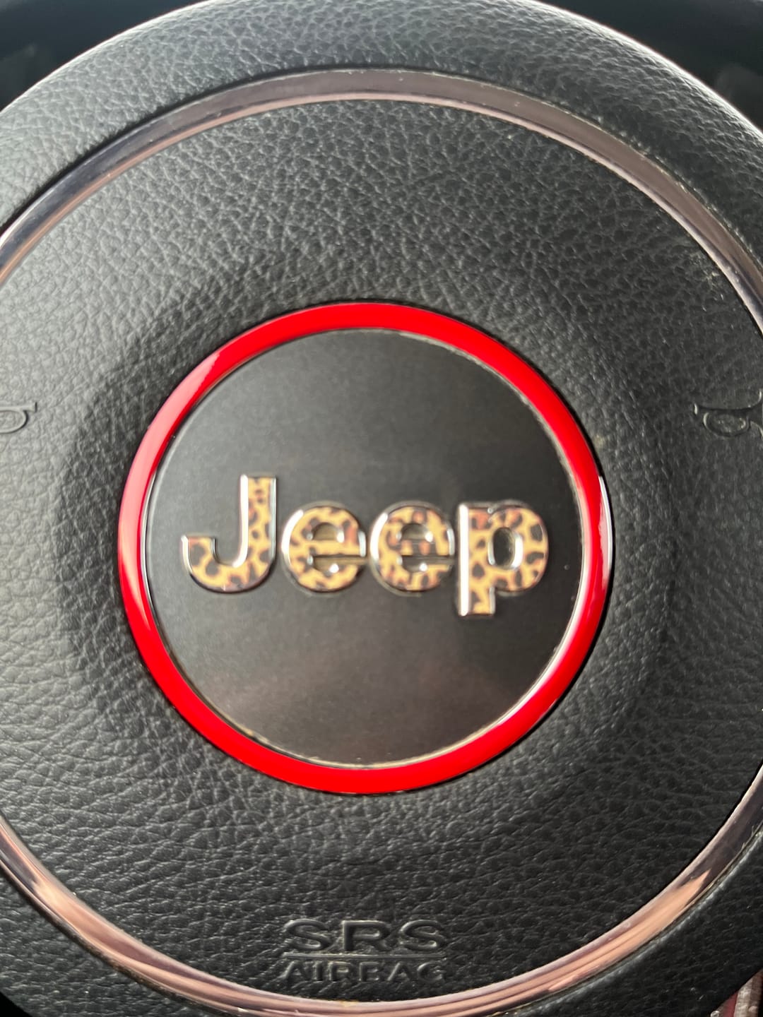 Customer photo review of JEEP Steering Wheel Emblem Overlay Decal — 30+ Colors & Designs (Flag, Topo, Animal, Solid)