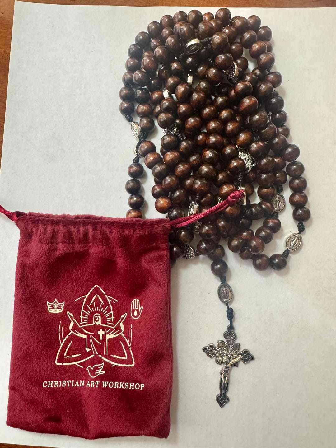 Customer photo review of Christianartworkshop 5/15/20 Decade Polished Natural Wood Bead Floral Frame Our Lady & Carved Crucifix Rosary