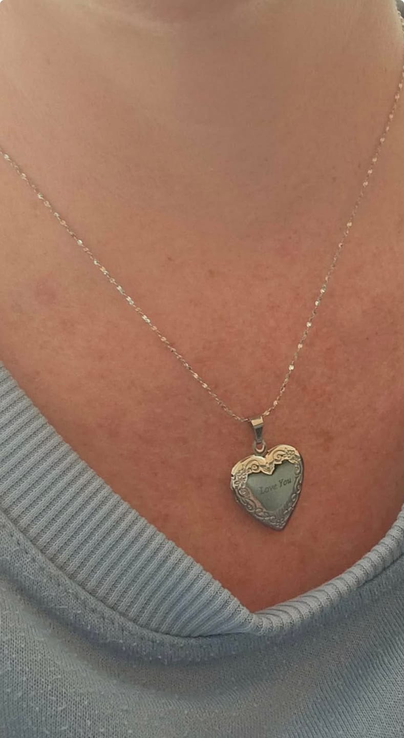 Customer photo review of VIENNA LARGE CUSTOM ENGRAVED HEART LOCKET NECKLACE