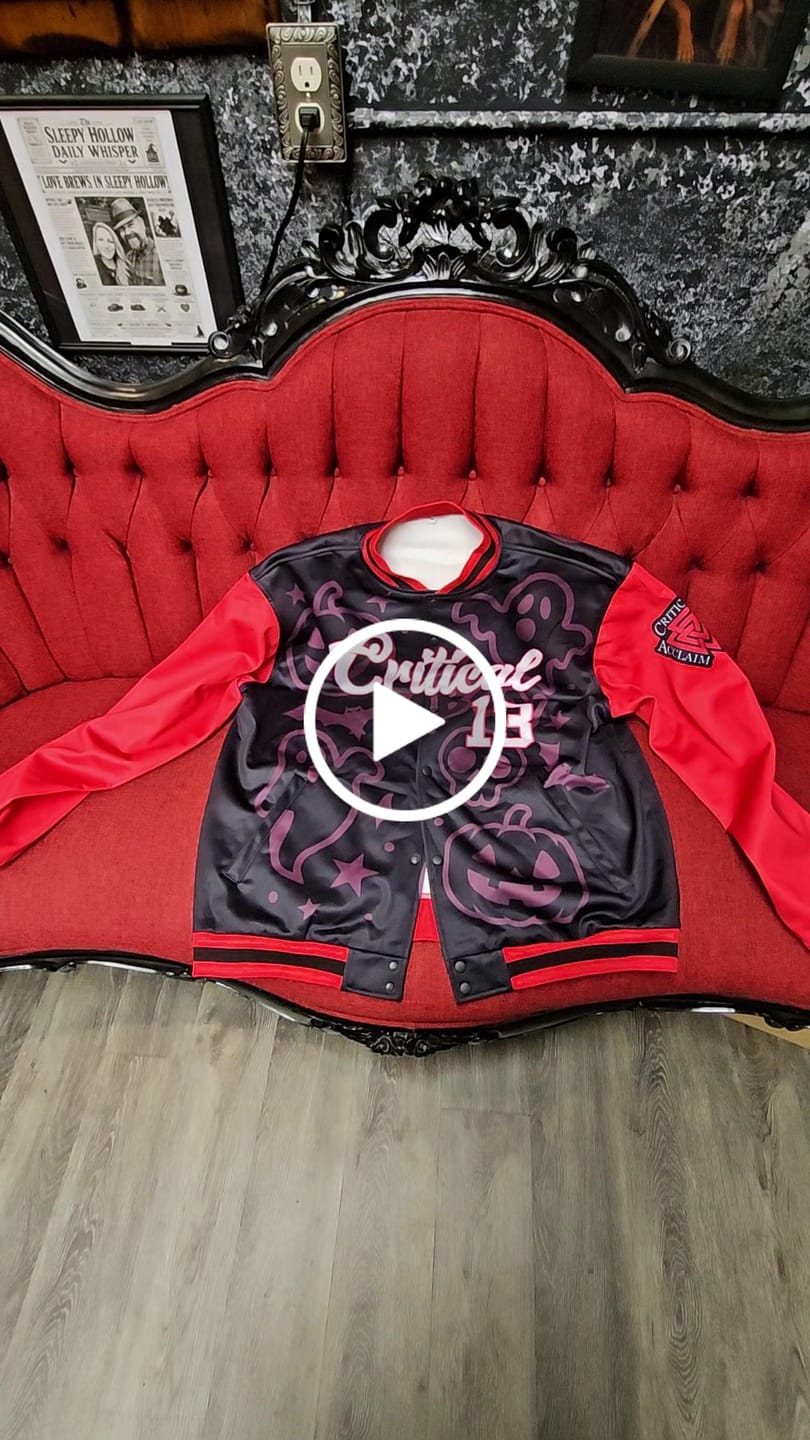 Customer video review of Custom Red Black Gold Bats Pumpkins Ghost Patterns Halloween Letterman Jacket