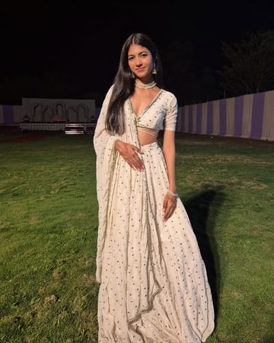 Customer photo review of Astoria Ivory Mirror Work Lehenga Set