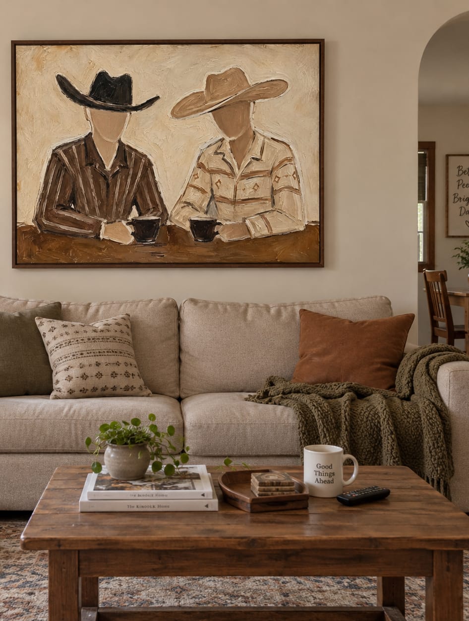 Customer photo review of Coffee Break-Cowboy Duo Oil Painting