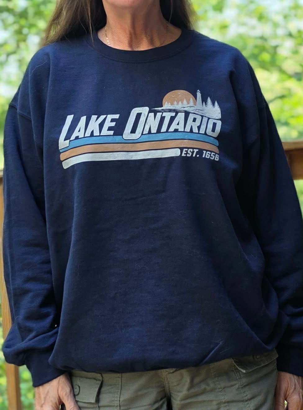 Customer photo review of Lake Ontario Retro Stripe Sweatshirt