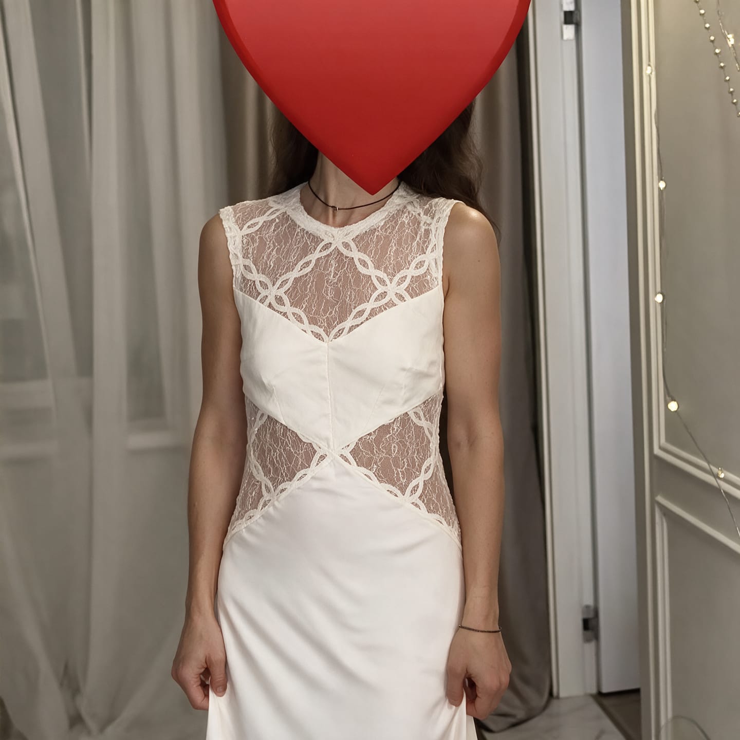 Customer photo review of White Satin Lace Cutout Sleeveless Maxi Dress