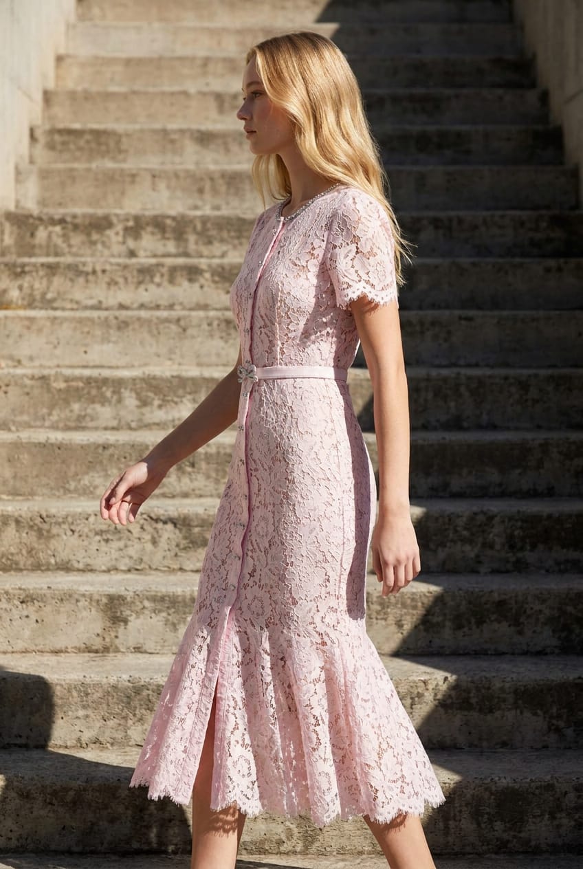 Customer photo review of Blush Pink Floral Lace Midi Dress
