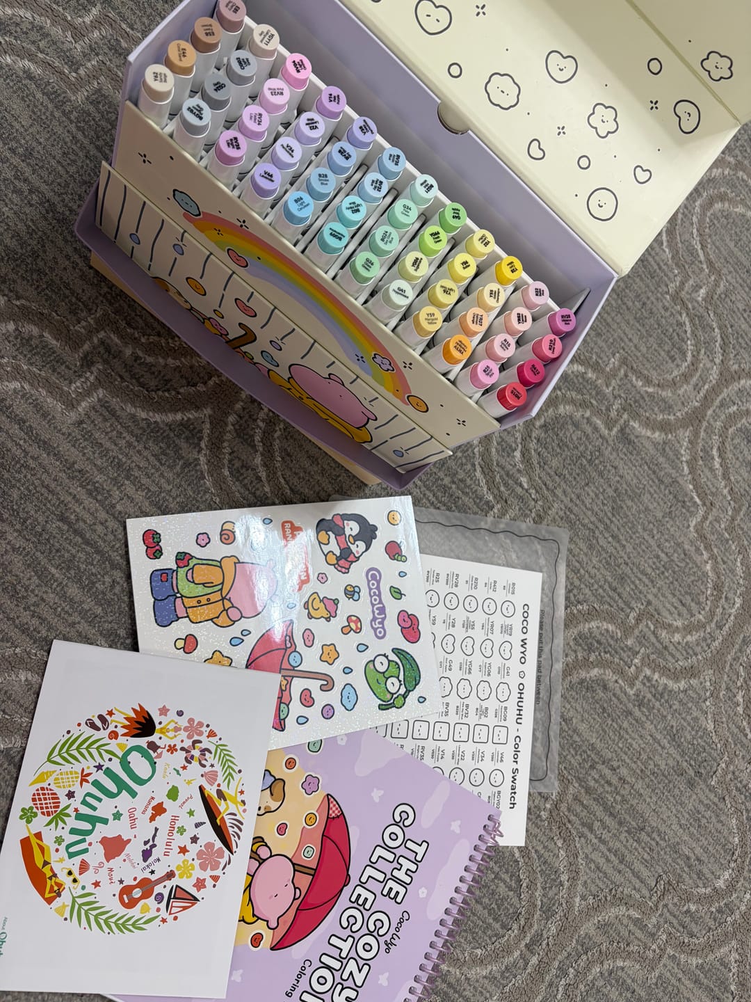 Customer photo review of Ohuhu x Coco Wyo Cozy Mood Coloring Kit, Honolulu B 48 Colors Alcohol Markers with Brush & Fine Dual Tips, Coloring Book with Mood Tracker Pages