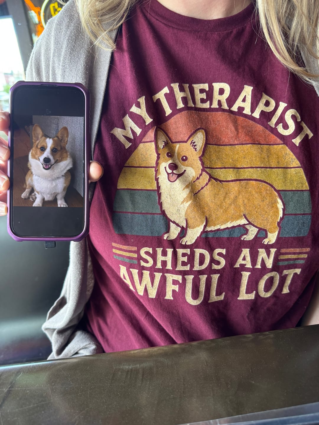 Customer photo review of Therapist Sheds An Awful Lot Corgi Shirt