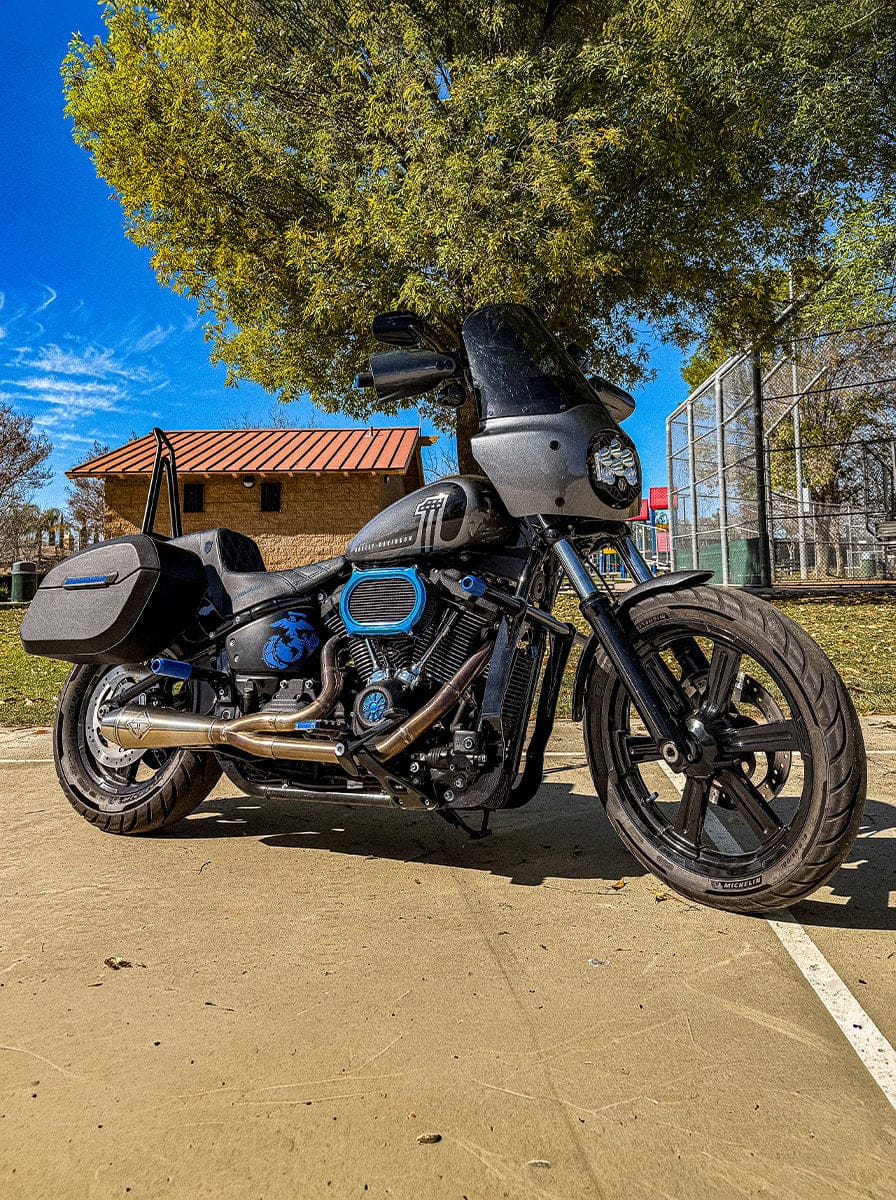 Customer photo review of 32L - Darkin Large Quick Mount Leather Wrapped Hard Saddlebags for Harley Softail Street Bob FXBB/S