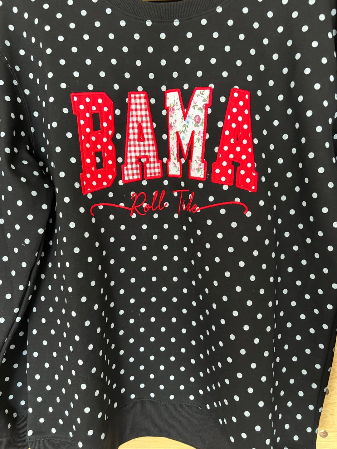 Customer photo review of Custom Patchwork Fabric Embroidered Polka Dot Sweatshirt Team and School Name Applique Varsity Letters | Game Day Wear