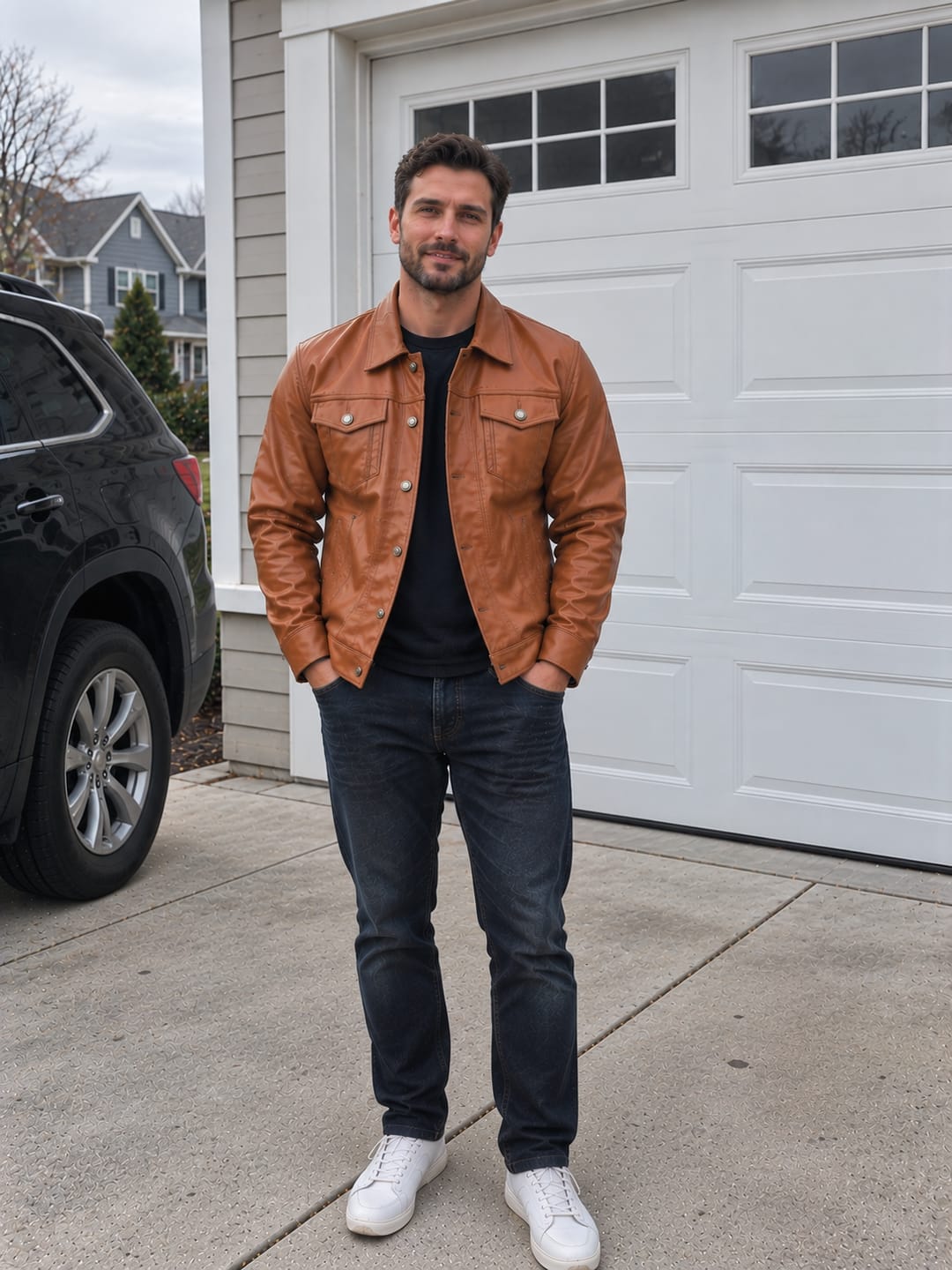 Customer photo review of Wicked Sienna Brown Leather Trucker Jacket For Men