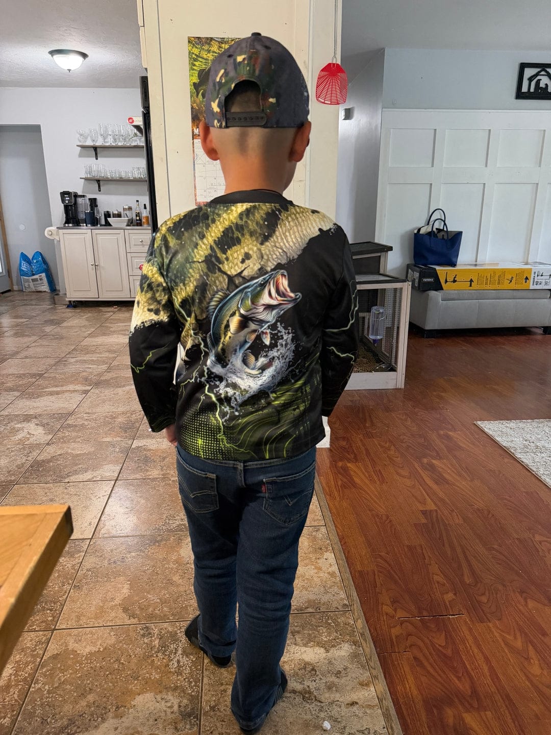 Customer photo review of Born to Go Fishing Forced to Go to School Funny Trout T-Shirt