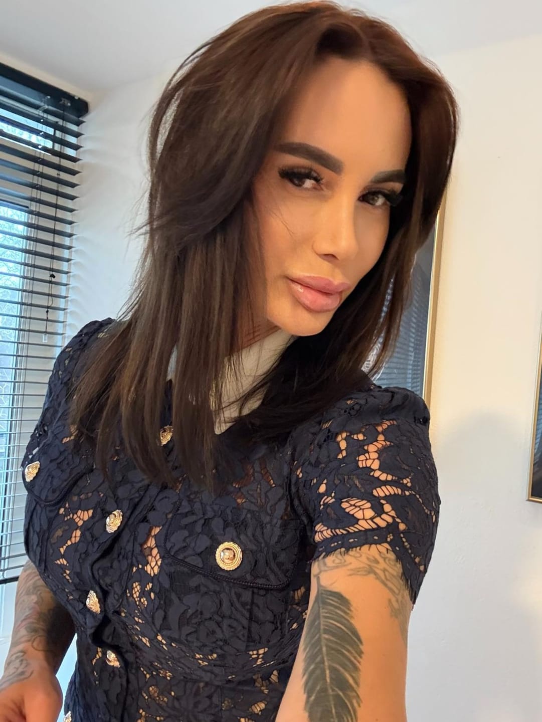 Customer photo review of Contrast-Collar Lace Midi Dress