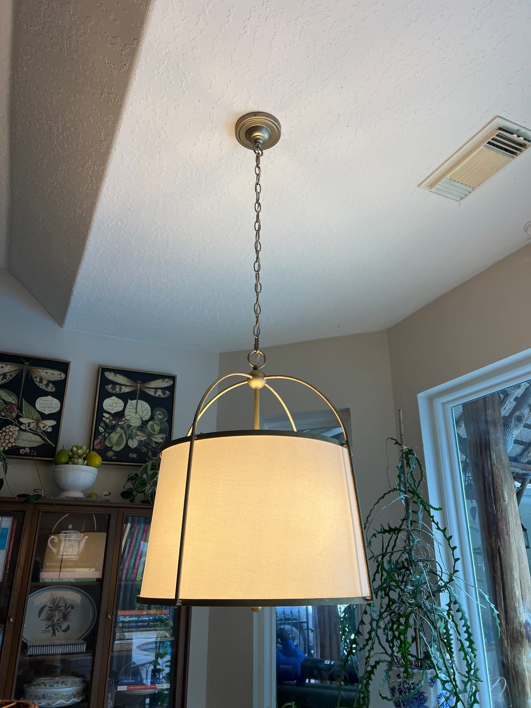 Customer photo review of 4-Light Distressed Gold White Linen Drum Lantern Pendant