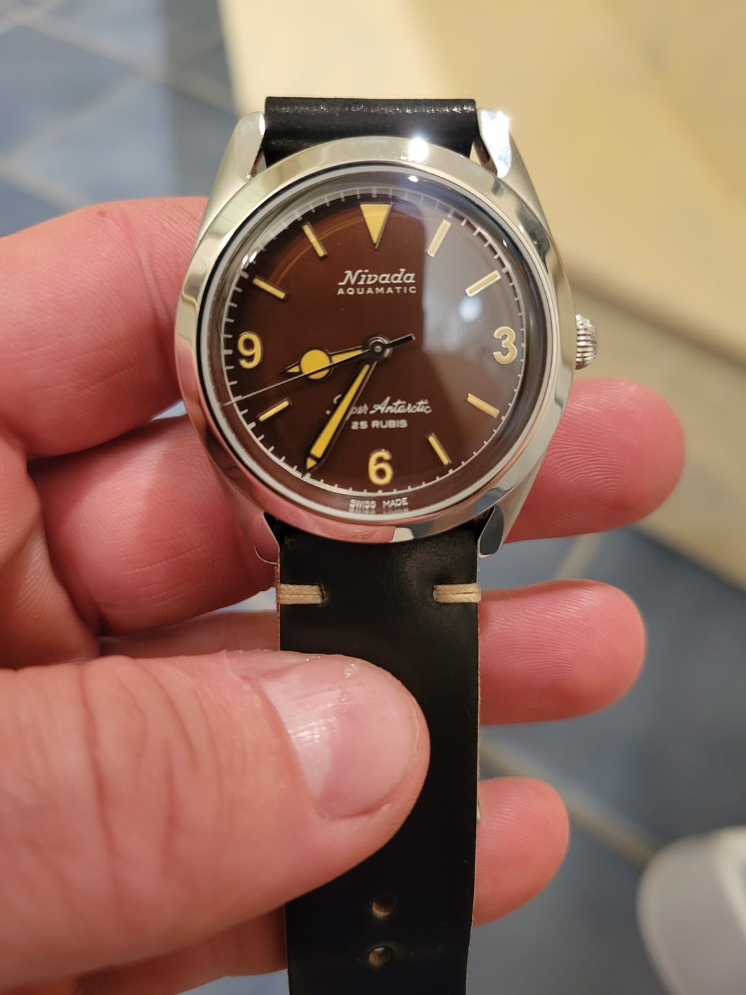 Customer photo review of Horween Black Shell Cordovan Leather Watch Strap, Natural Thread