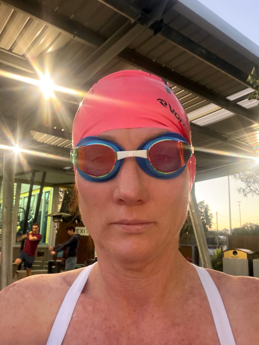Customer photo review of NanoClear™ Strike Swim Goggles Sunrise Mirror - (Blue/Red)