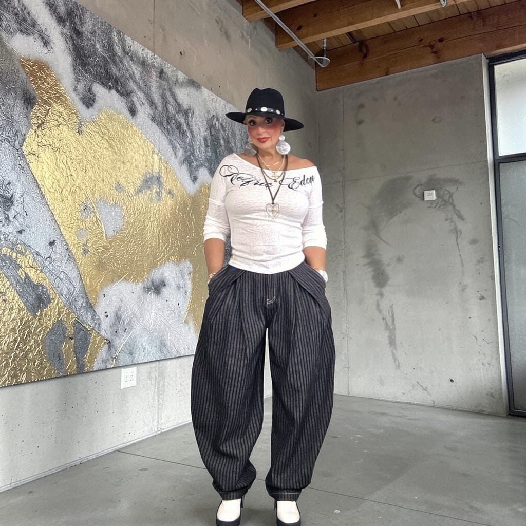 Customer photo review of Aelfric Eden Pinstripe Baggy Barrel Jeans