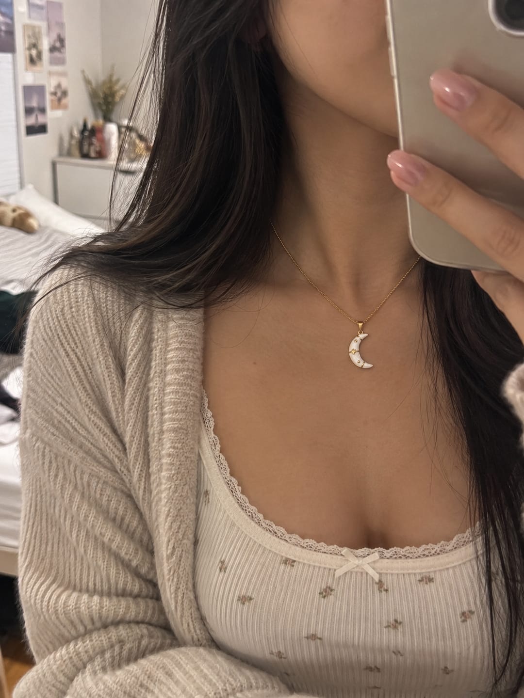 Customer photo review of Enamel Moon Gold Necklace