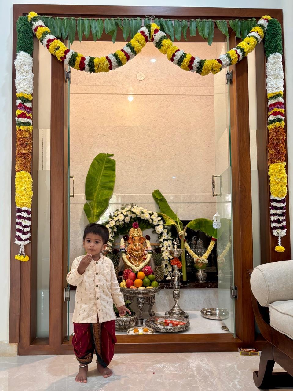 Customer photo review of Peach banarasi chanderi and red with bottle green Dhoti for Boys – Traditional Ethnic Wear for Baby Boy
