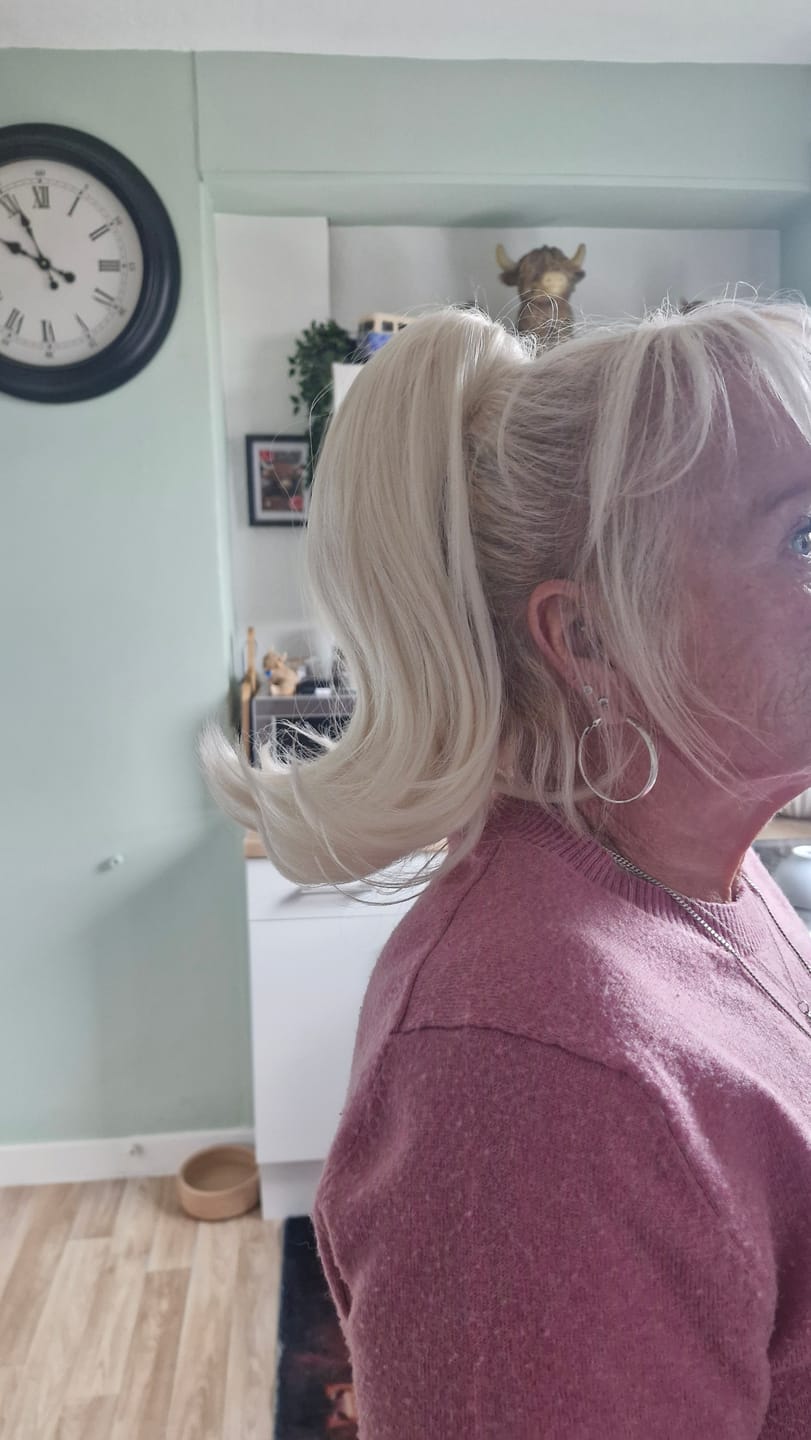 Customer photo review of Stranded Short Swoop Ponytail - Colour #600 White Lily