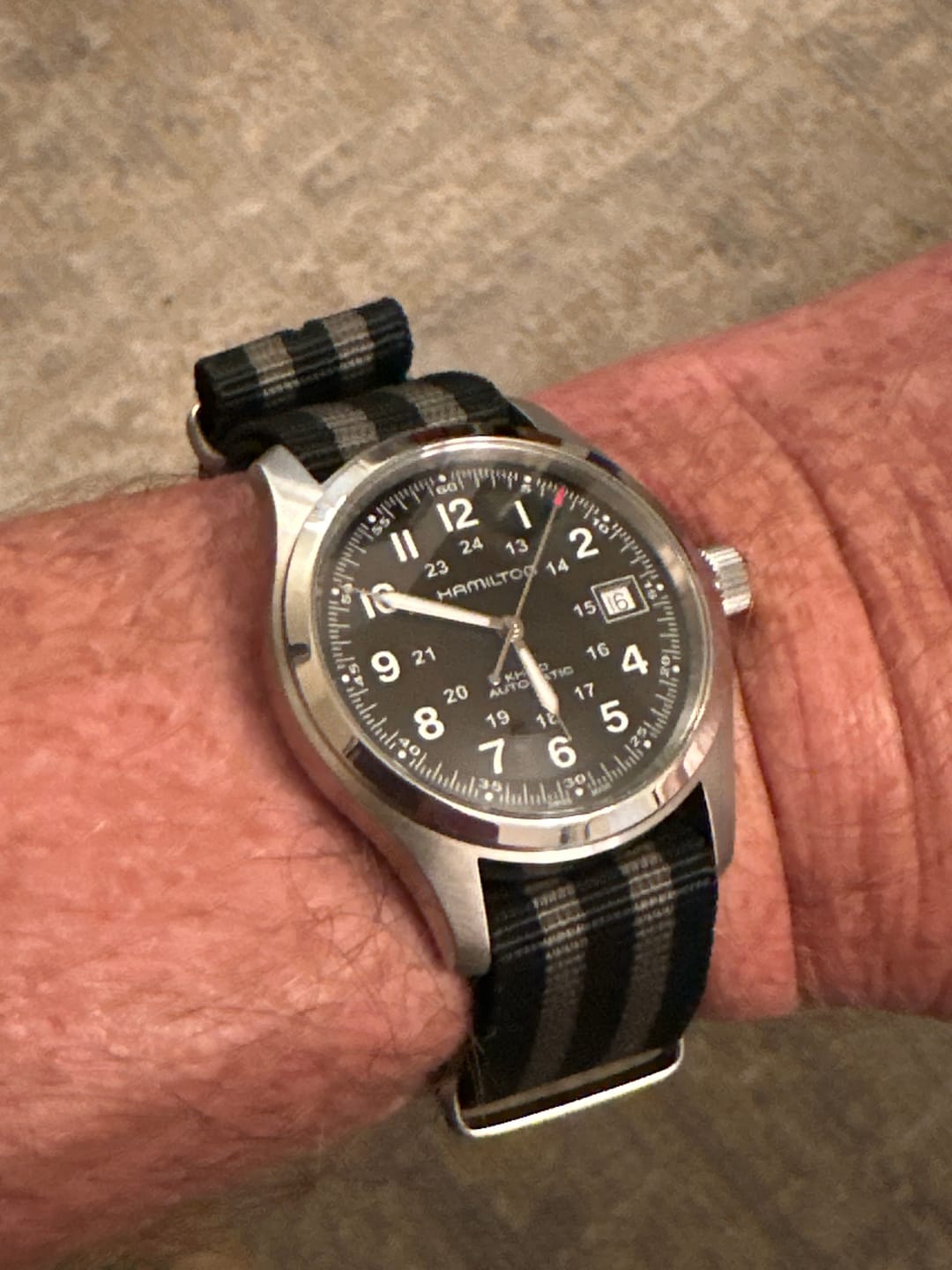 Customer photo review of Black and Grey Striped Nylon Single-Piece
