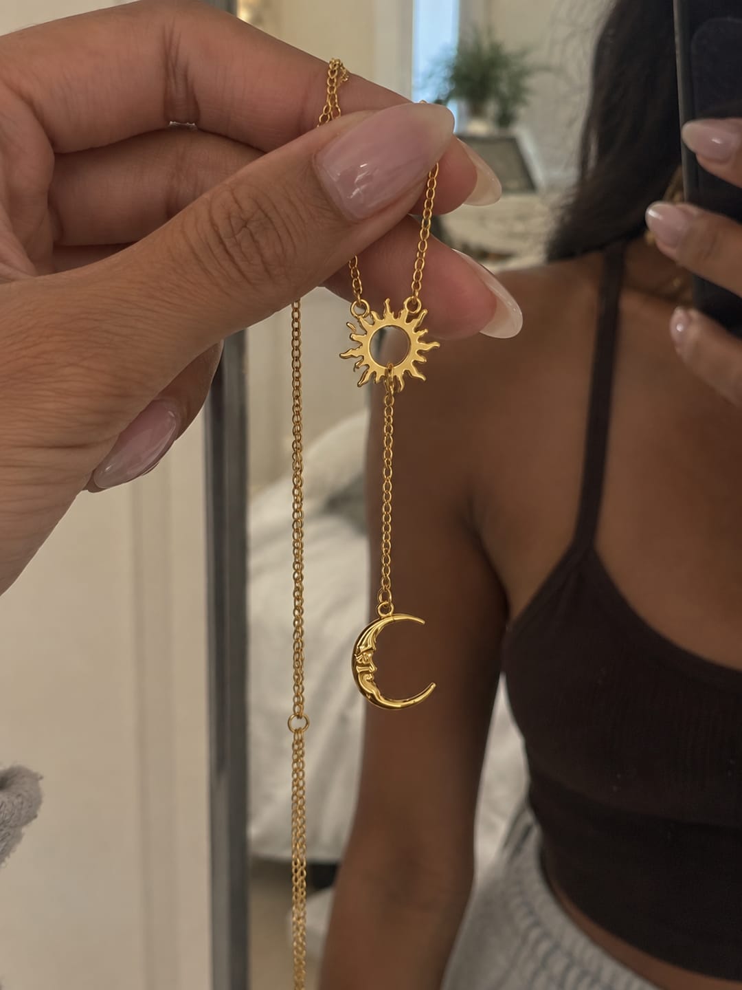 Customer photo review of Sun & Moon Y Gold Necklace