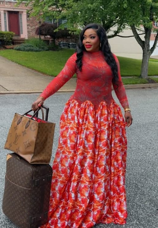 Customer photo review of Women Marble Print Mock Neck Mesh & Satin Flowy Floor Length Party Dress