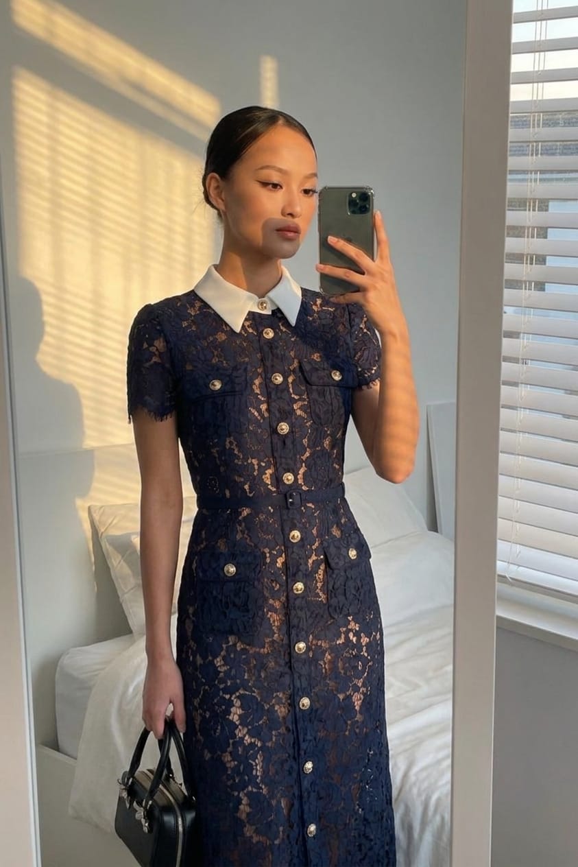 Customer photo review of Contrast-Collar Lace Midi Dress