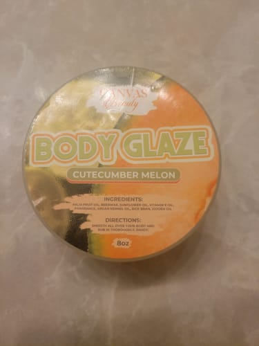 Customer's Body Glaze Cutecumber Melon container, a round jar showing branding, ingredients, and 8oz label.