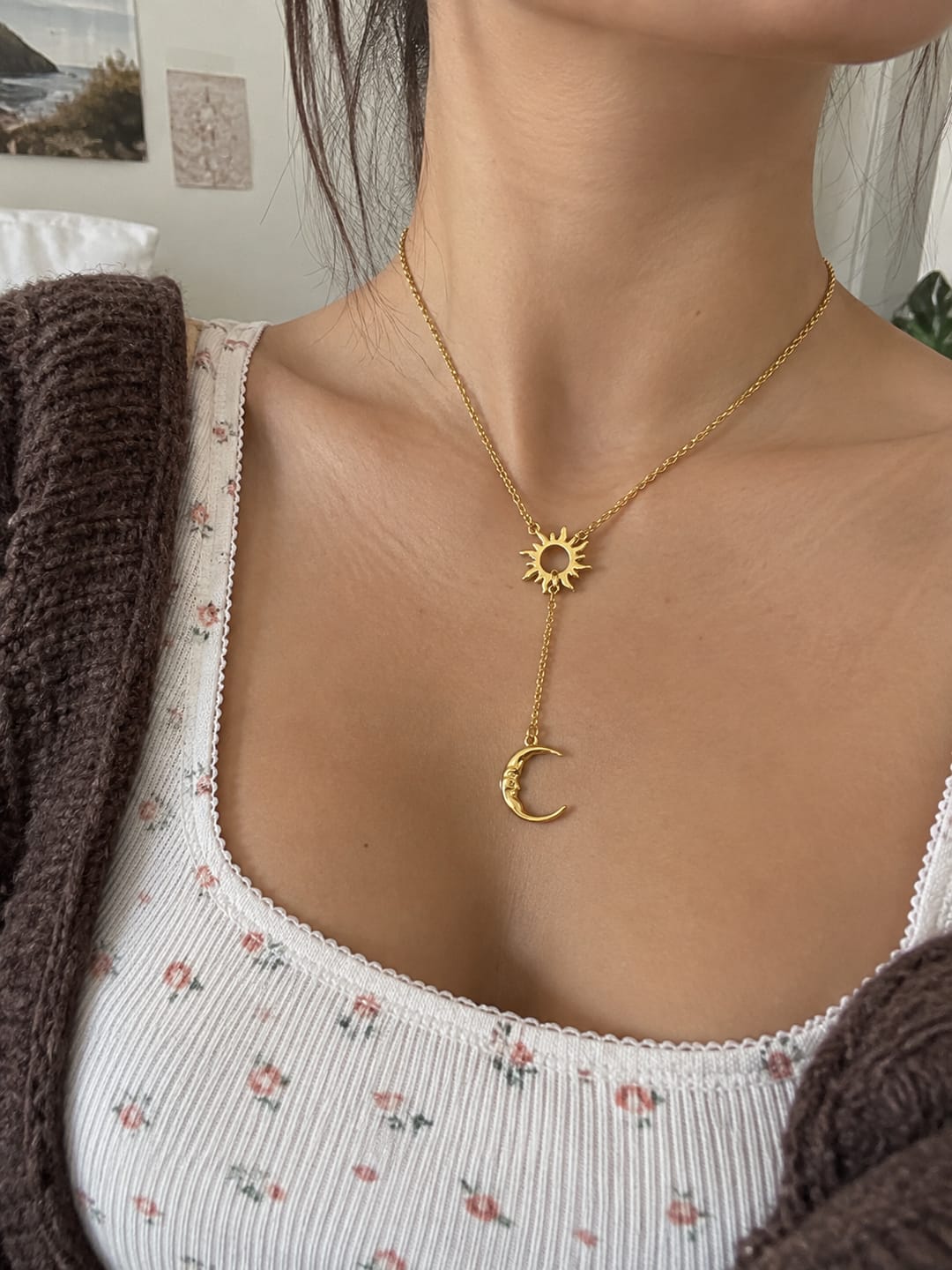 Customer photo review of Sun & Moon Y Gold Necklace