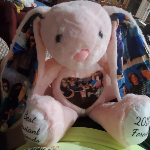 Customer photo review of Custom Photo Engraved Bunny Plush