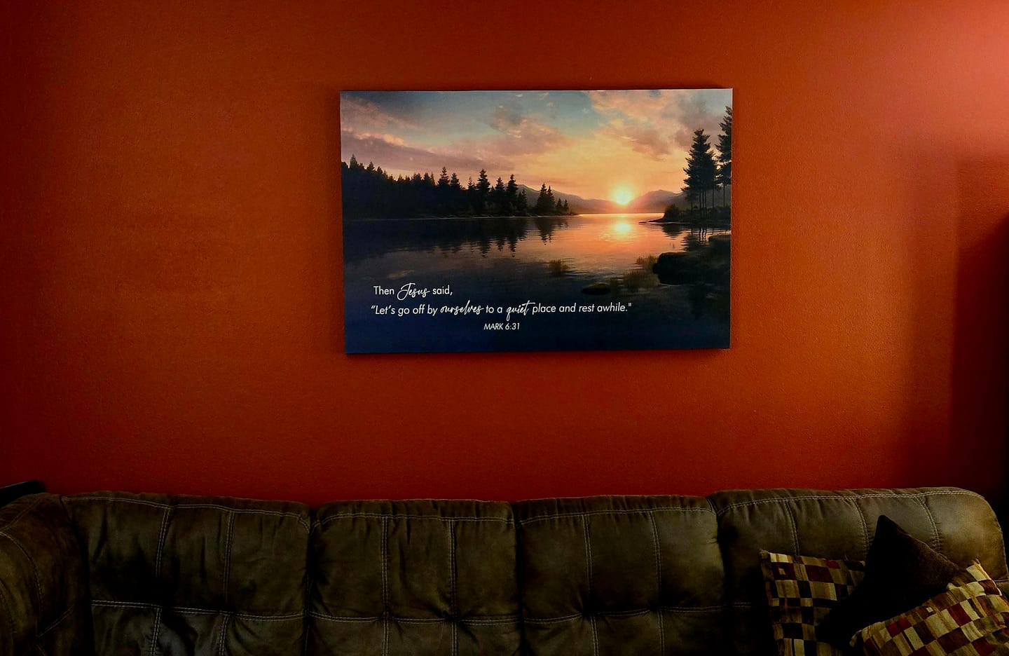 Customer photo review of Let’s Go Off By Ourselves To A Quiet Place And Rest Awhile Mark 6:31 Canvas Wall Art
