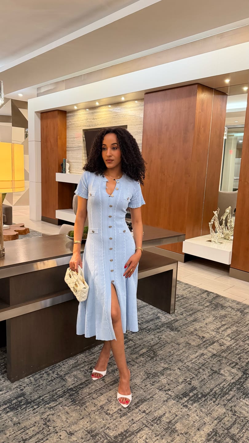 Customer photo review of Knit Button-Front Midi Dress with Scalloped Sleeves – Baby Blue