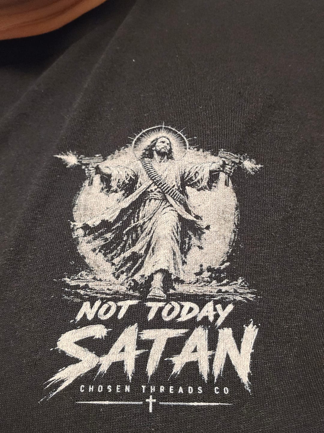 Customer photo review of Not Today Satan Uzi T-Shirt