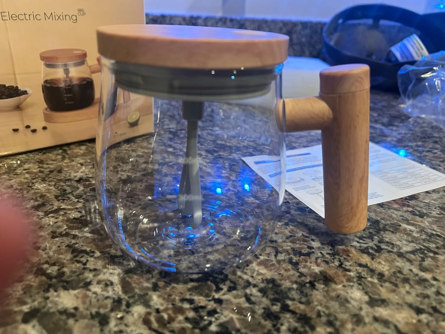 Customer photo review of Self-Stirring 400ml Glass Coffee Mug – Electric Mixing Cup