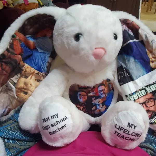Customer photo review of Custom Photo Engraved Bunny Plush