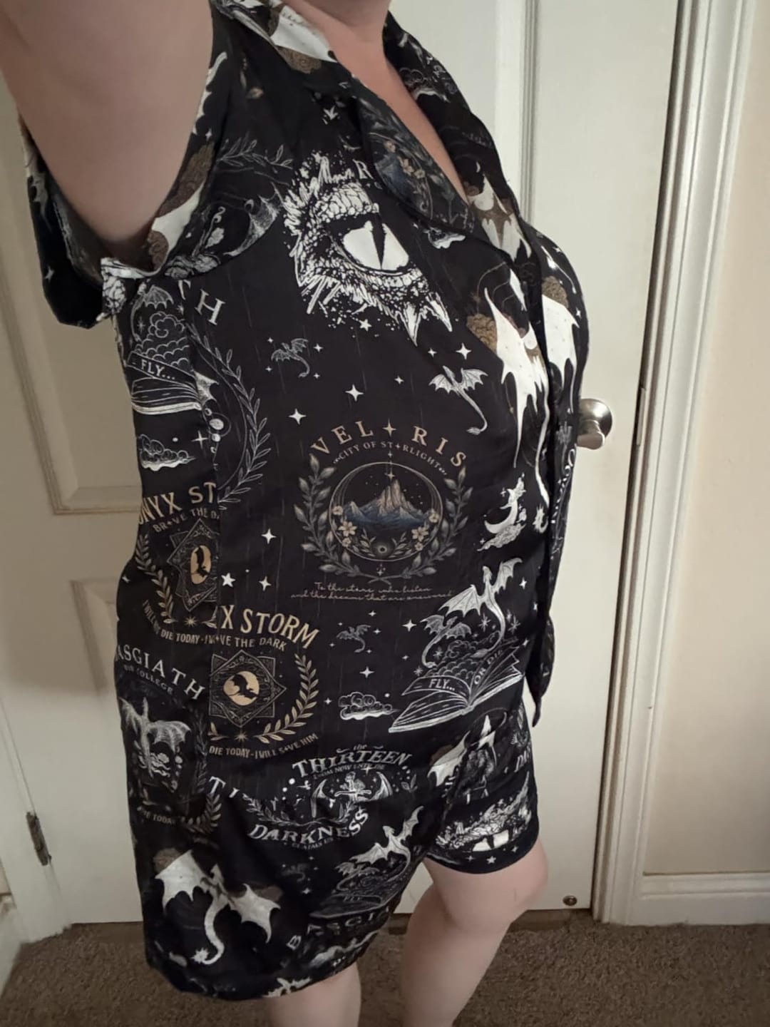 Customer photo review of Fae Dragon Books & Wings Women’s Satin Pajama Set – Short Sleeve & Shorts