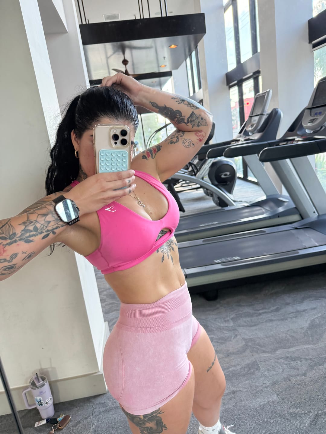 Customer photo review of Pink Sculpting Acid Wash Scrunch Butt Shorts