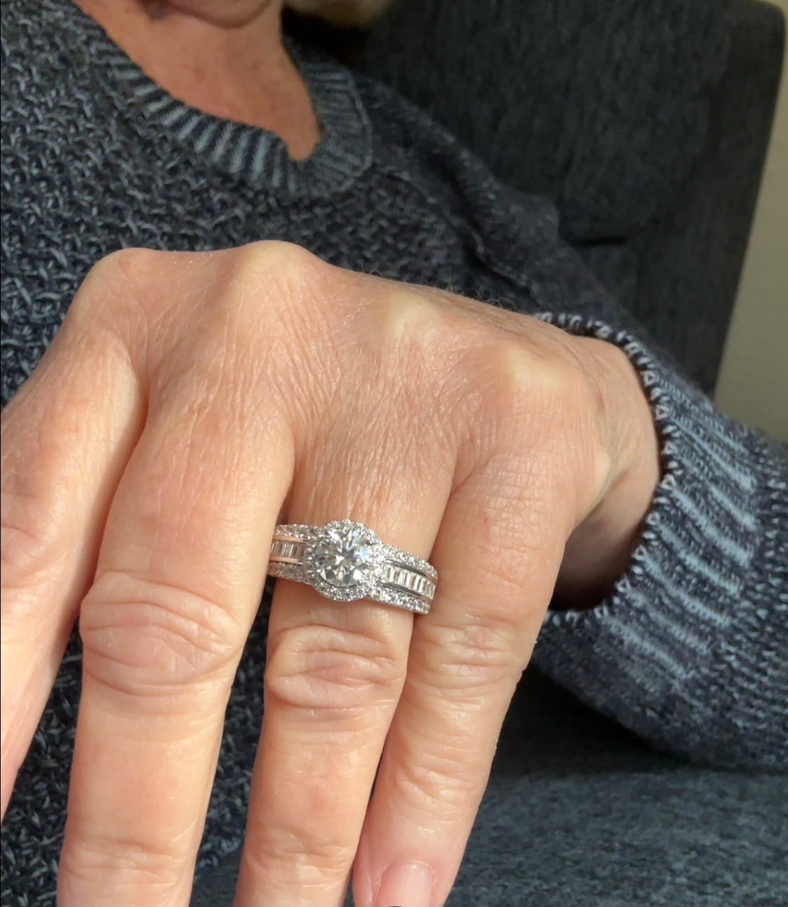 Customer photo review of Halo Triple-Row Pave and Baguette Shank Moissanite Engagement Ring