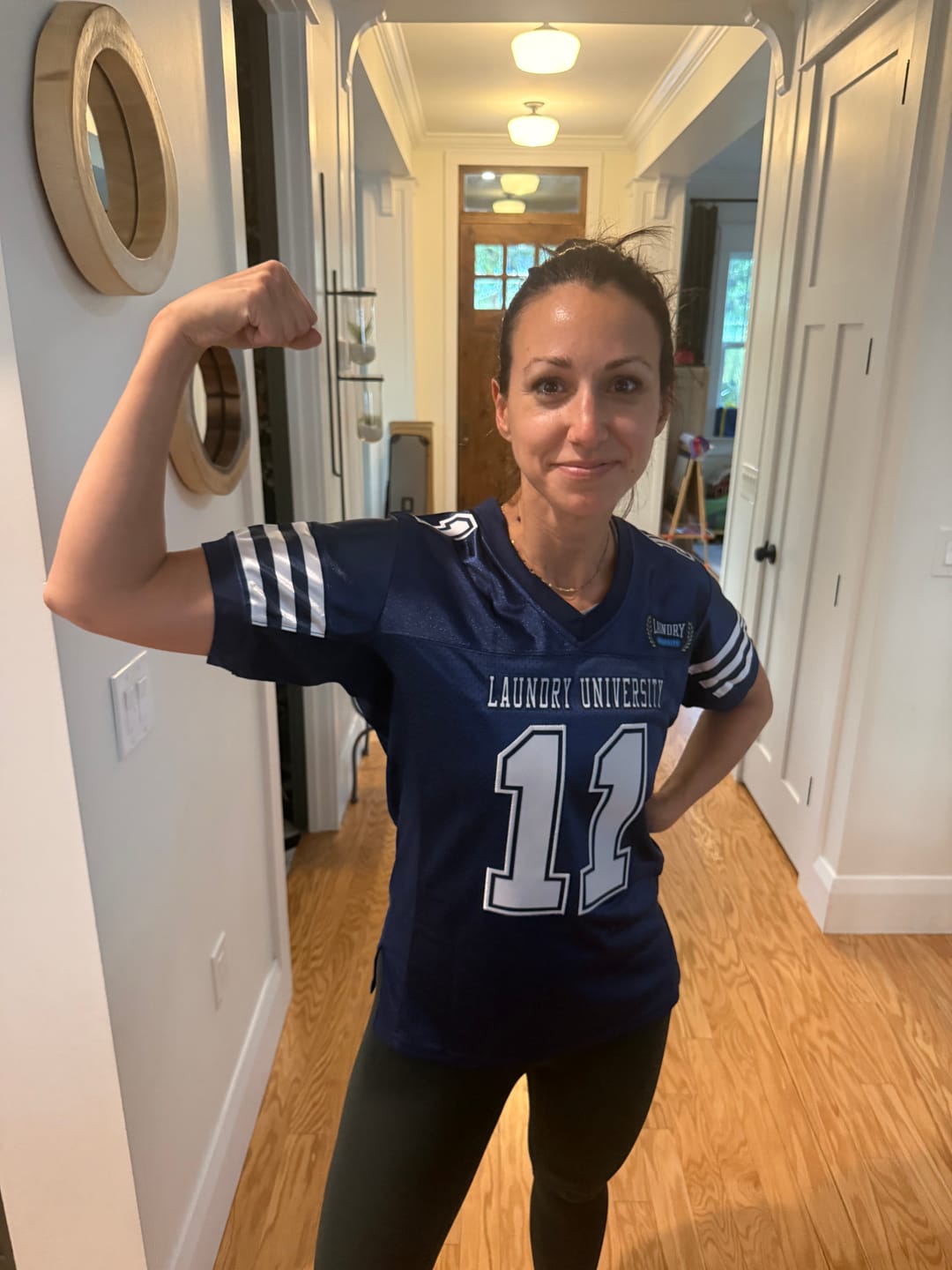 Customer photo review of Custom Navy White-White Classic Style Mesh Authentic Football Jersey