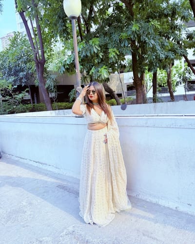 Customer photo review of Astoria Ivory Mirror Work Lehenga Set