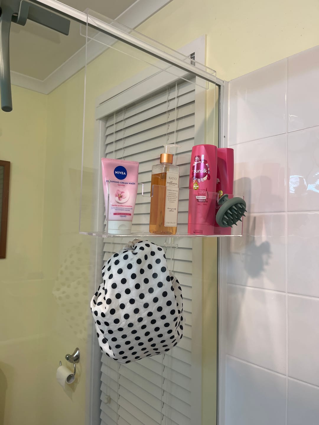Customer photo review of Clear Acrylic Shower Shelf