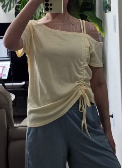 Customer photo review of Sweet One Shoulder Drawstring T-Shirt Off-Shoulder Lace