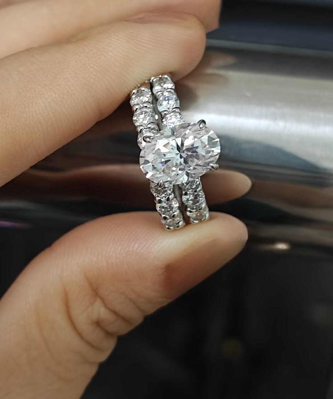 Customer photo review of S925 Moissanite 3.0Ct Oval Cut White Gold Wedding Ring Set For Women